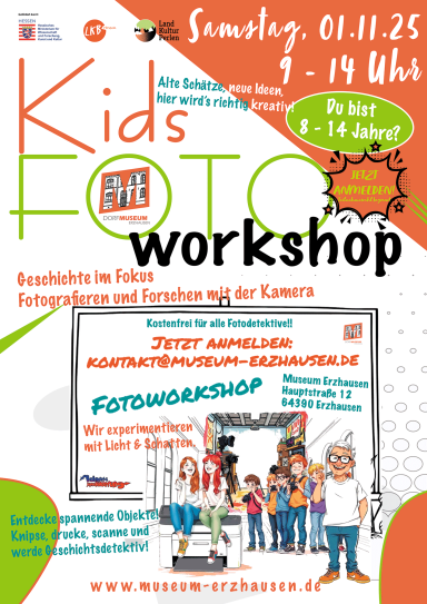 Ein plakatartiger Flyer für einen Kinderfotoworkshop am 01.11.2025.